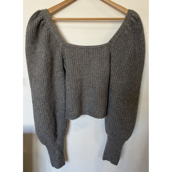 Zara Gray Square Neck Puff Sleeve Ribbed Knit Sweater Size Small - Picture 2 of 10
